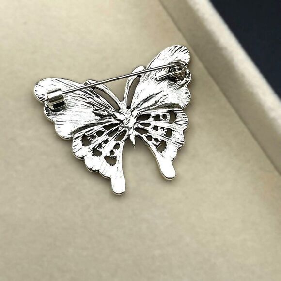Silver with Embedded Shell and Black Enamel Butterfly Pin Back Brooch - Picture 5 of 7